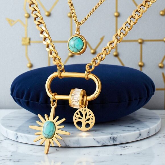 ποΈ18K Gold Plated Turquoise Layered Necklace with Charms Sparkling Zirconia - Picture 1 of 10